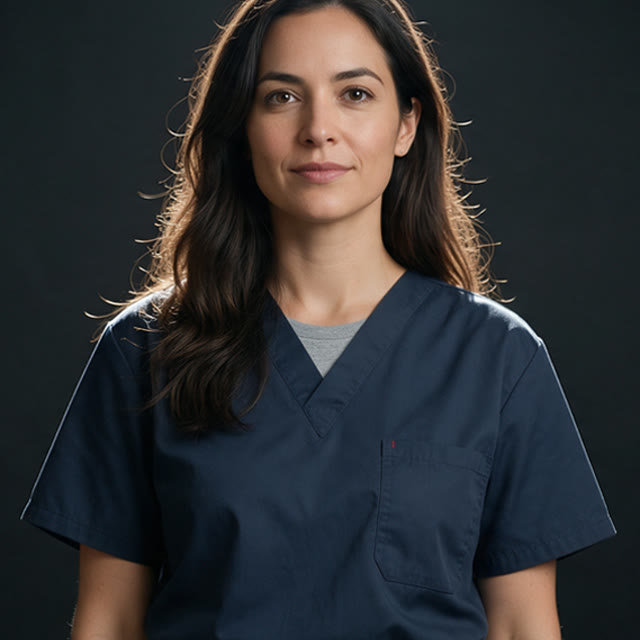 A woman in navy scrubs, portrait on a dark background