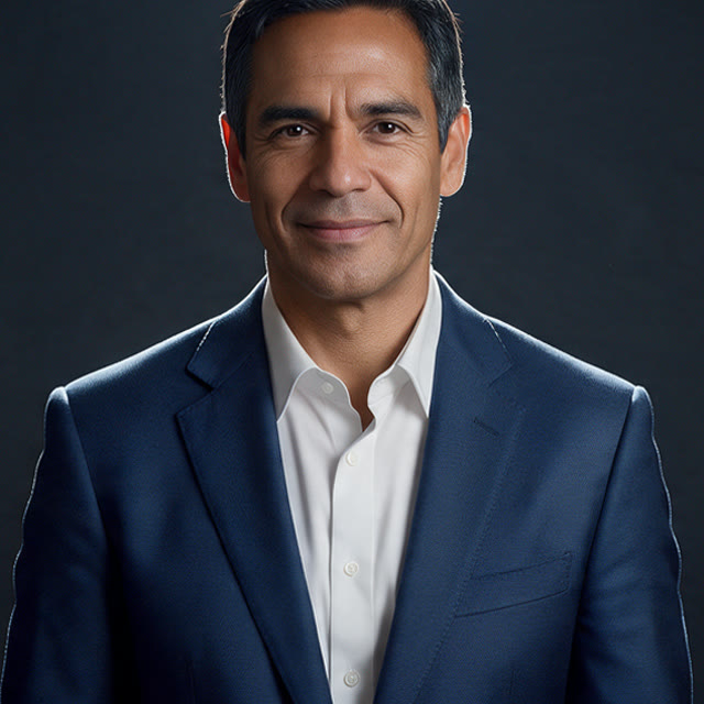 A man in a navy suit and white shirt, portrait on a dark background