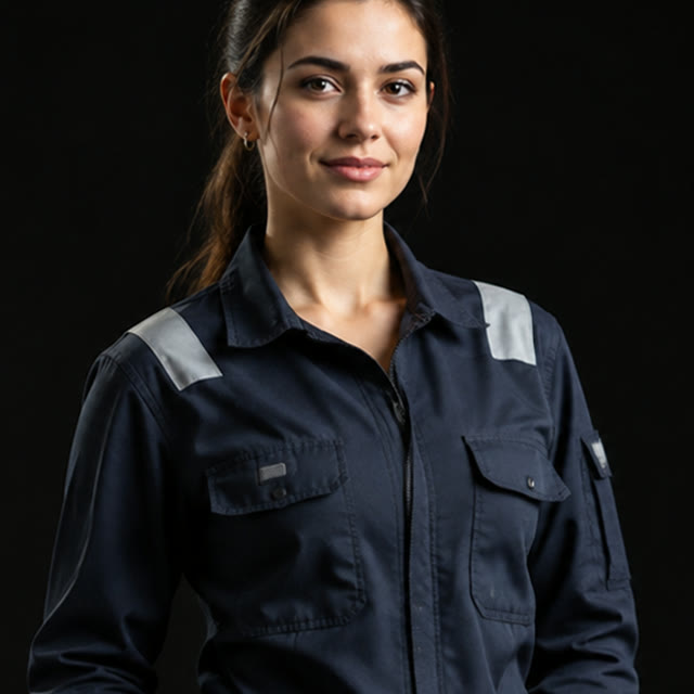 A woman in navy work coveralls, portrait on a dark background