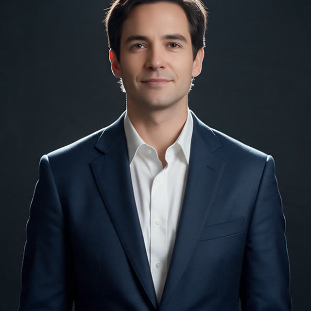 A young man in a navy suit and white shirt, portrait on a dark background