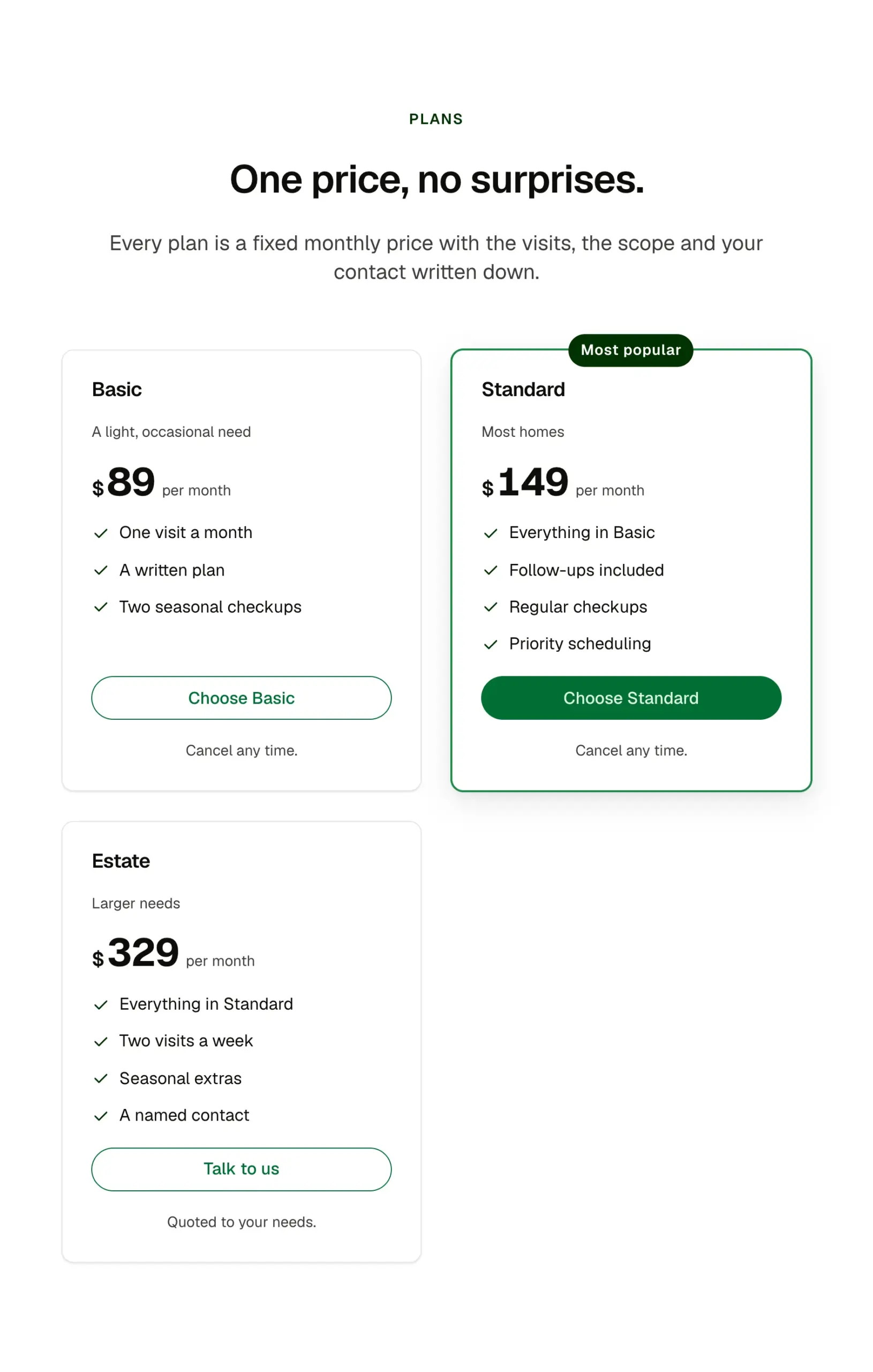 Pricing table