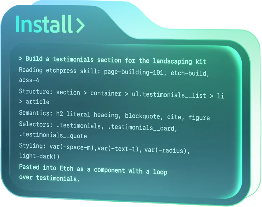 A translucent folder in teal and green labelled Install, showing the skill at work: asked to build a testimonials section for the landscaping kit, it reads the EtchPress skill (page-building-101, etch-build, acss-4), lists the structure, semantics, selectors and styling it used, and pastes the result into Etch as a component with a loop over testimonials.