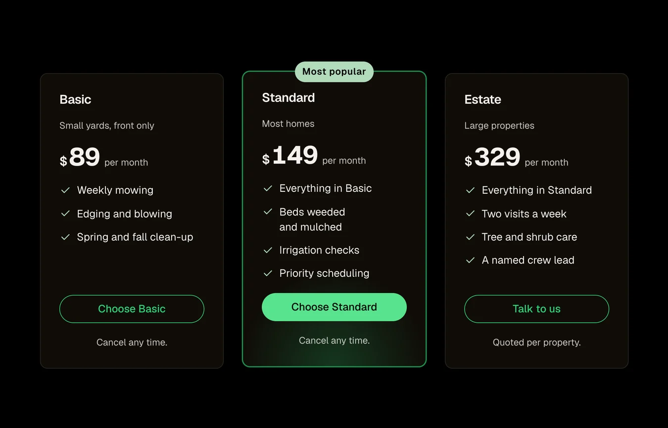 Pricing table preview, dark scheme