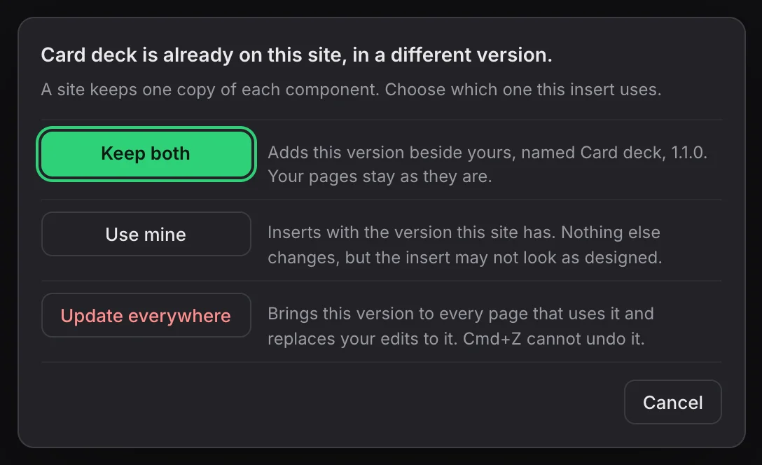 The EtchPress panel asking: Card deck is already on this site, in a different version. Keep both, focused, adds this version beside yours; Use mine; Update everywhere; Cancel.