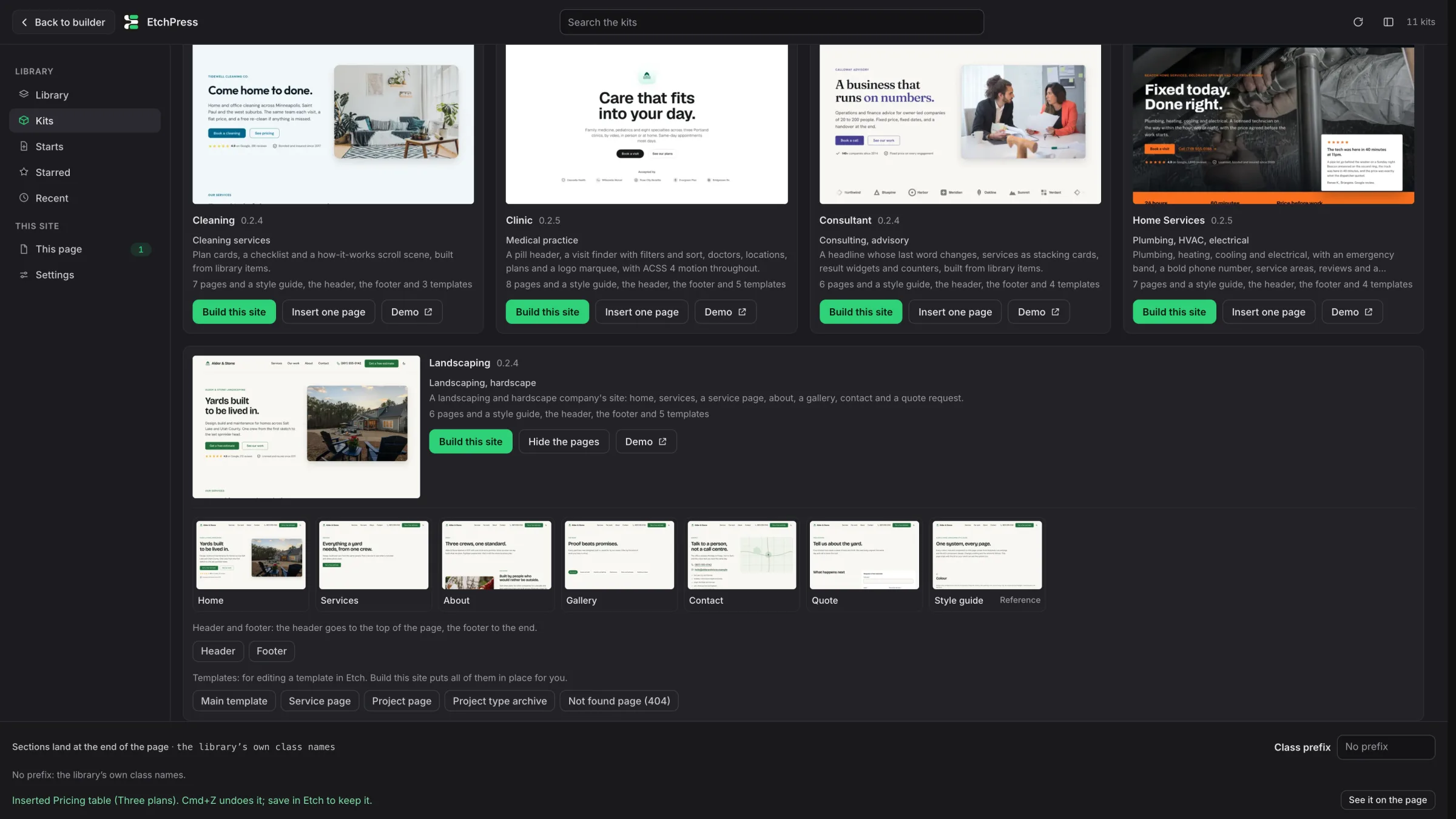 The Landscaping kit open across the whole row: its pages as pictures, Home, Services, About, Gallery, Contact, Quote and the style guide marked Reference, then Header and Footer, then its templates.