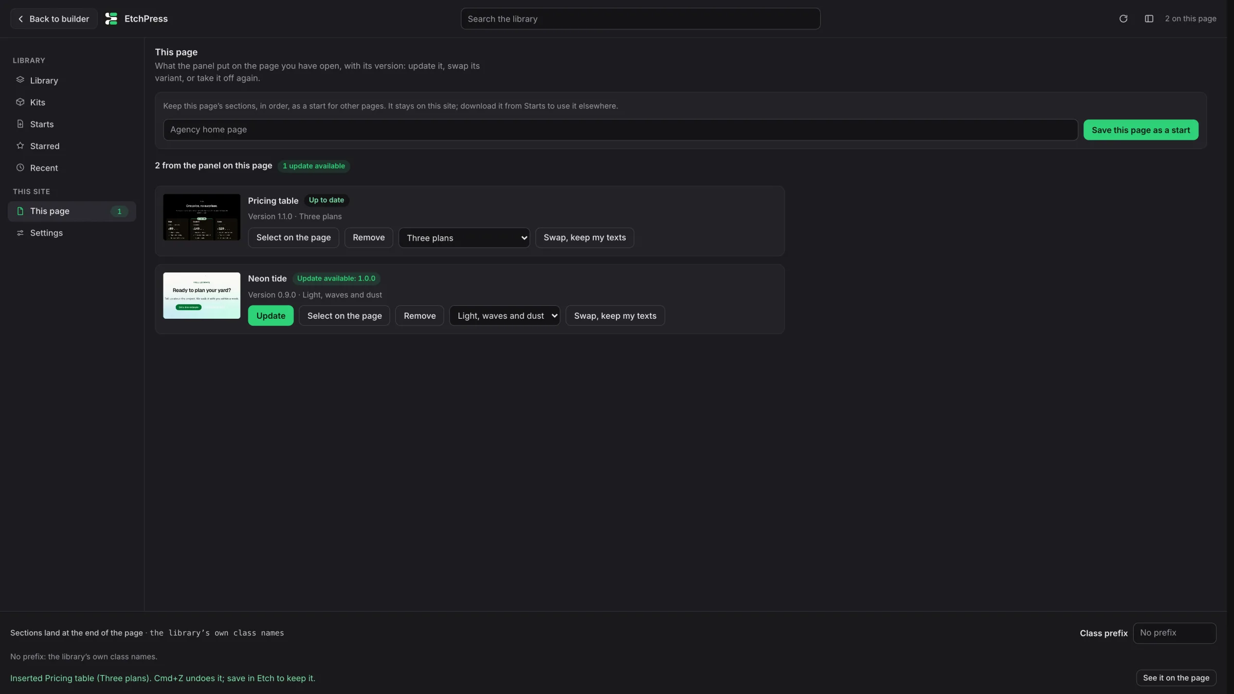 The This page place: a Neon tide row with its version, variant and prefix, an Update available badge, and the buttons Update, Select on the page, a variant menu and Swap, keep my texts.