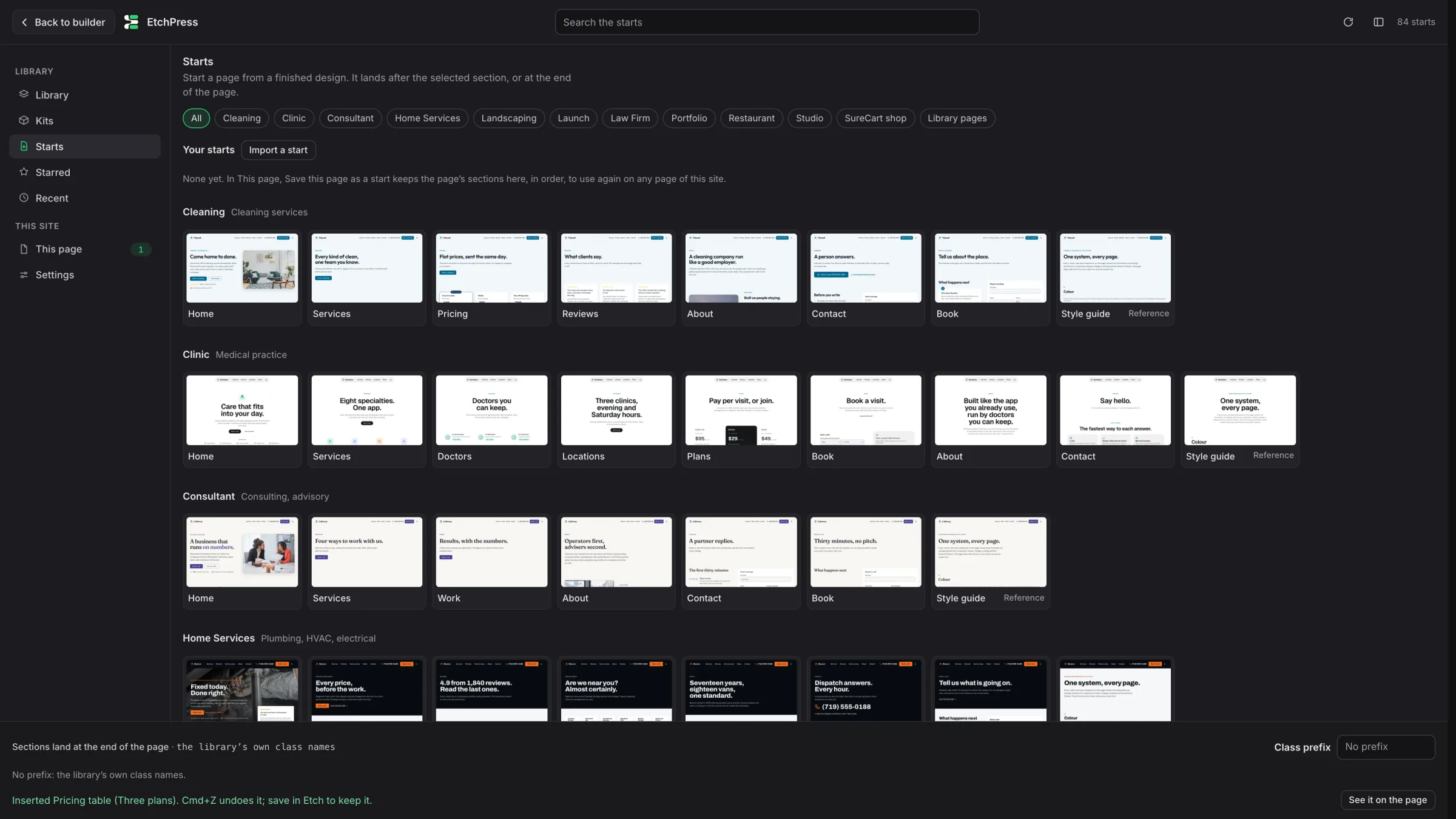 Starts in the EtchPress panel: a row of kinds of site, then each kit's pages as pictures, Cleaning, Clinic and Consultant, with their style guides marked Reference.